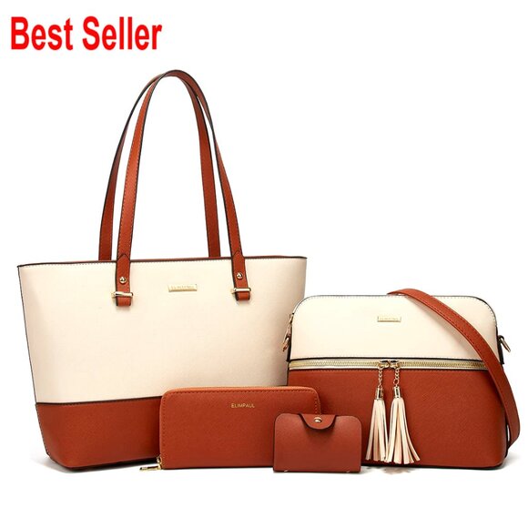 Handbags - Faux Leather Tote Satchel Purse Set with Crossbody Bag